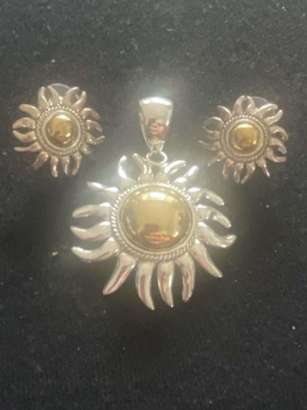 Vintage Best Sterling Silver Two-Tone Sun Pendant and Earrings Set